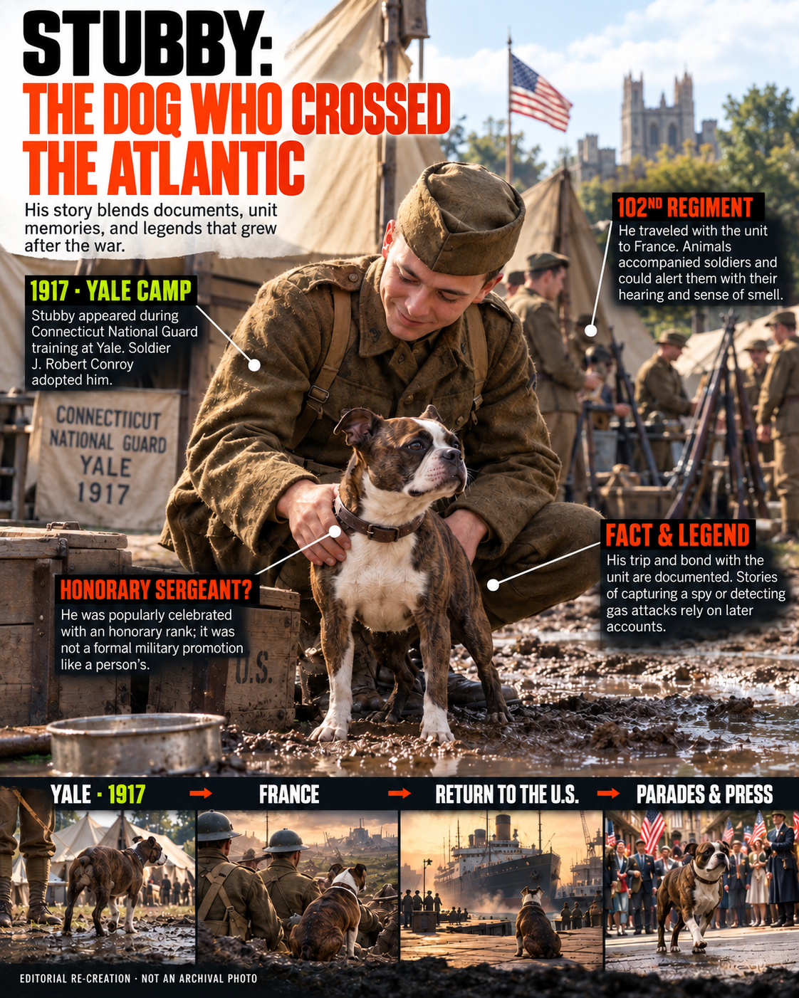 Stubby: The Stray Dog Who Became a World War I Hero 2 Editorial infographic about Stubby: his appearance at Yale’s training camp in 1917, his trip to France with the 102nd Regiment, and the difference between documented facts and later stories about his exploits and honorary rank.