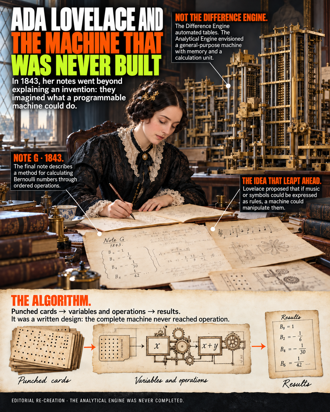 Ada Lovelace: The Woman Who Imagined a Computer Before One Existed 2 Editorial infographic on Ada Lovelace: explains her 1843 Note G, distinguishes the Difference Engine from the Analytical Engine, and shows how punched cards, operations, and results fit together. An editorial recreation, not a historical document.
