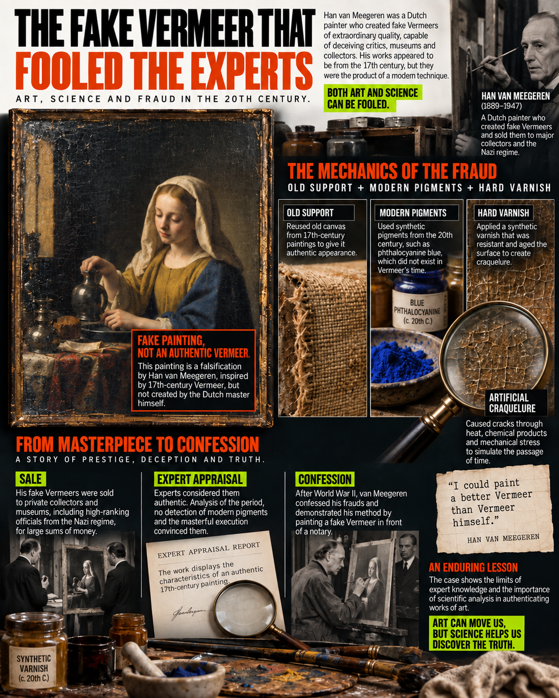Editorial infographic explaining how Han van Meegeren’s Vermeer forgeries deceived experts through old supports, modern pigments, hard varnish and false provenance.