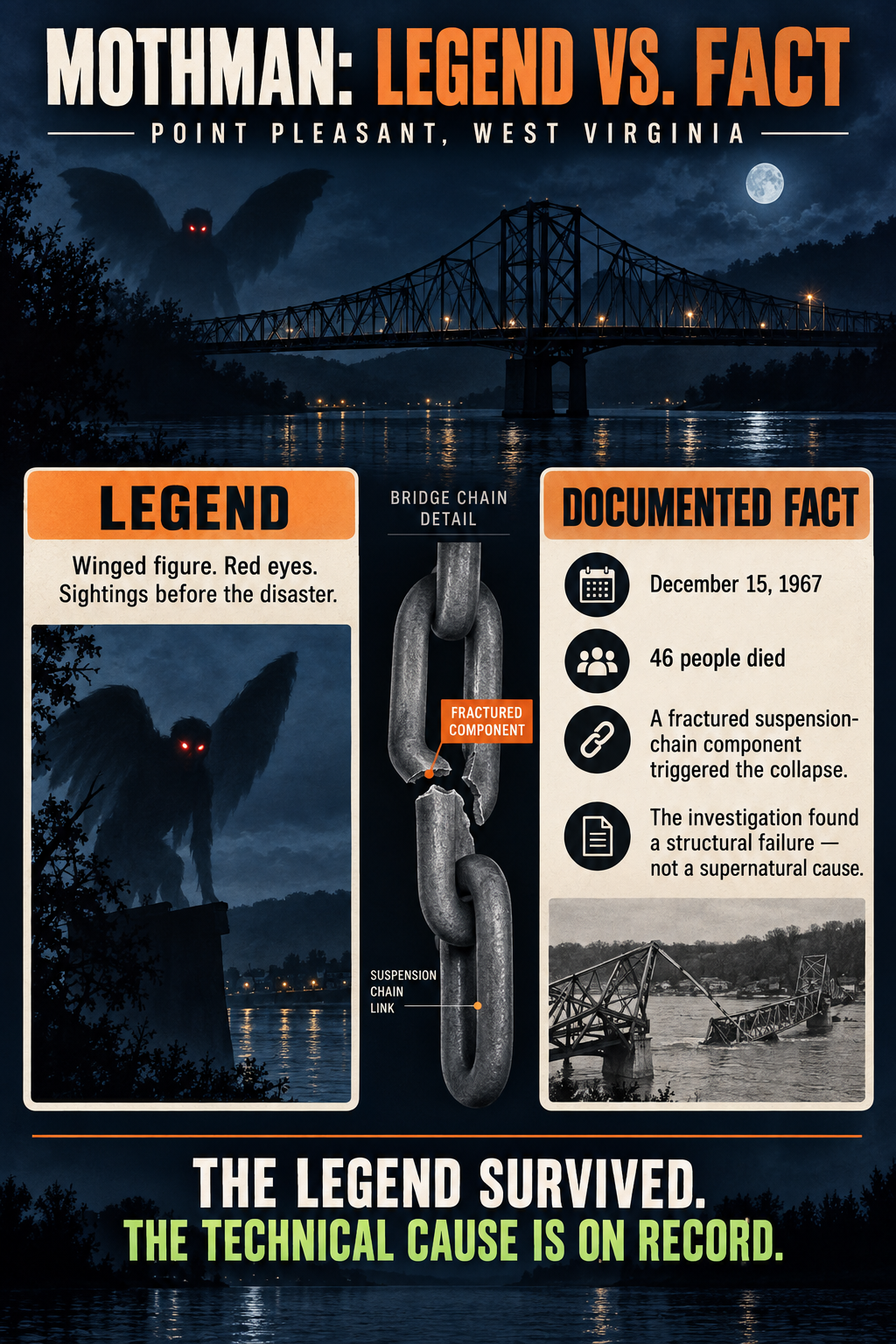 Infographic separating the Mothman legend from the documented structural cause of the Silver Bridge collapse.