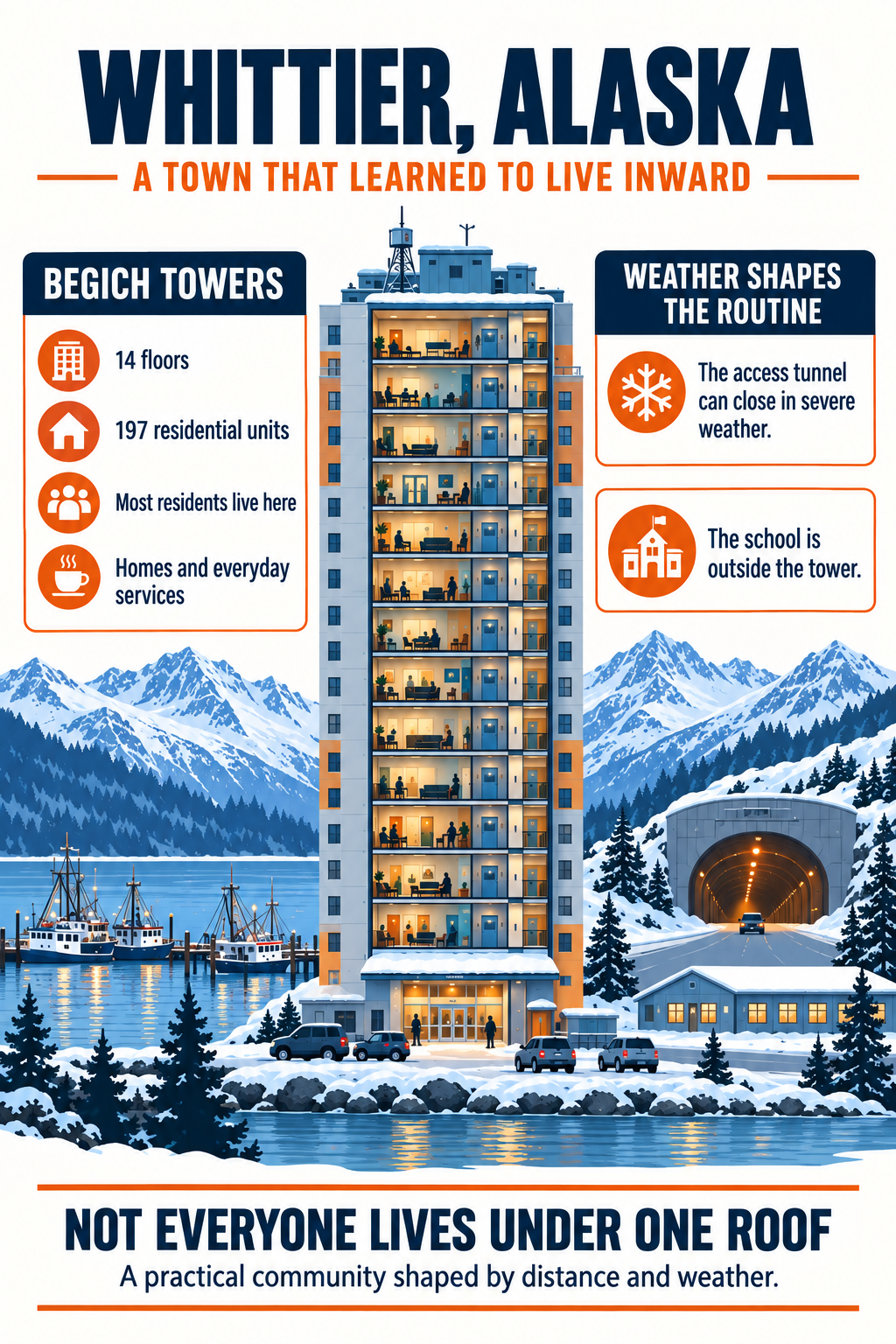 Infographic about Whittier, Begich Towers and everyday life in Alaska.