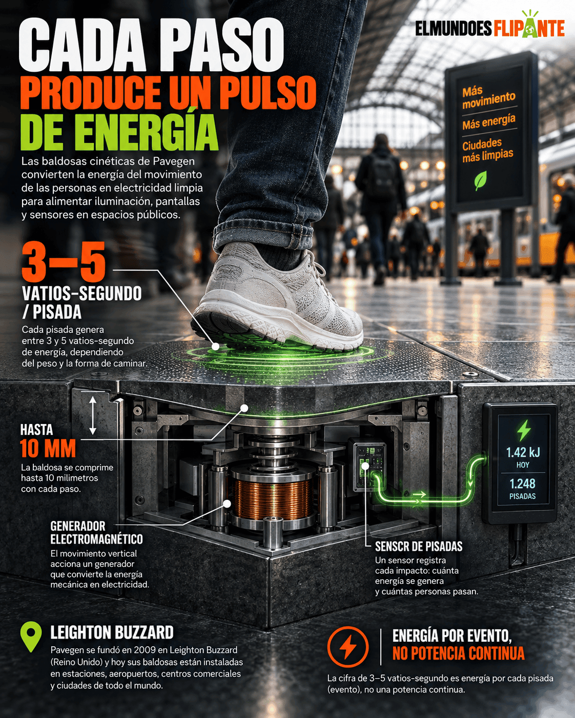 Baldosas Pavegen bajo los pies de peatones, transformando pasos en energía y datos
