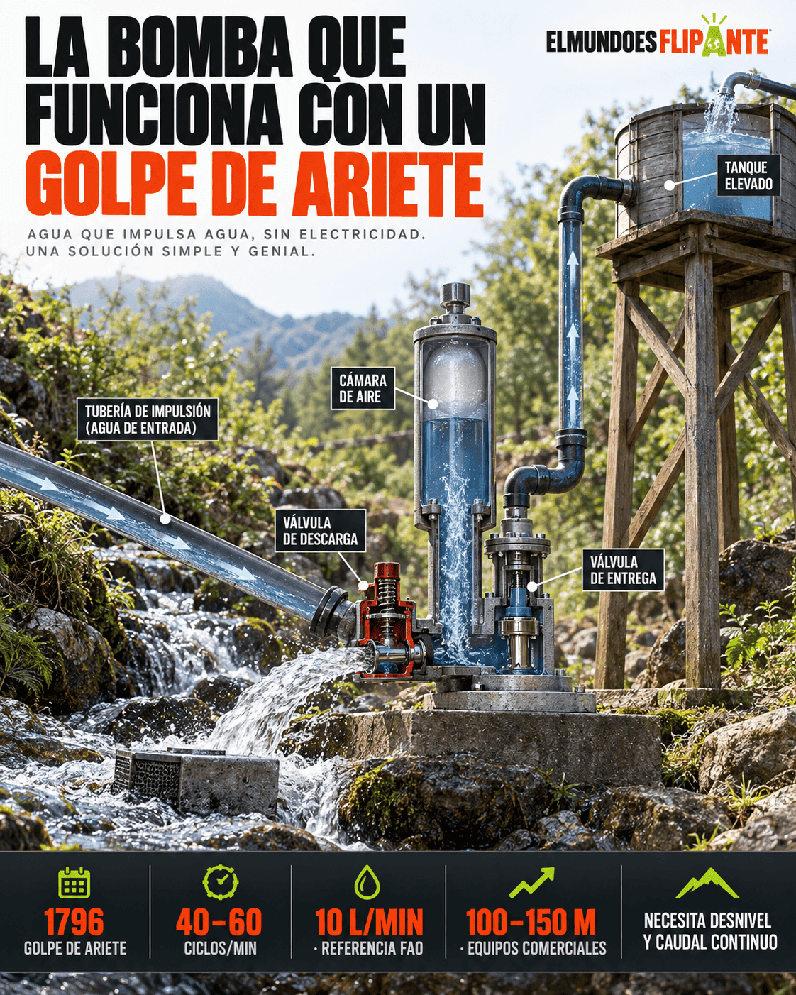Bomba de ariete hidráulico elevando agua mediante golpe de ariete en una instalación rural