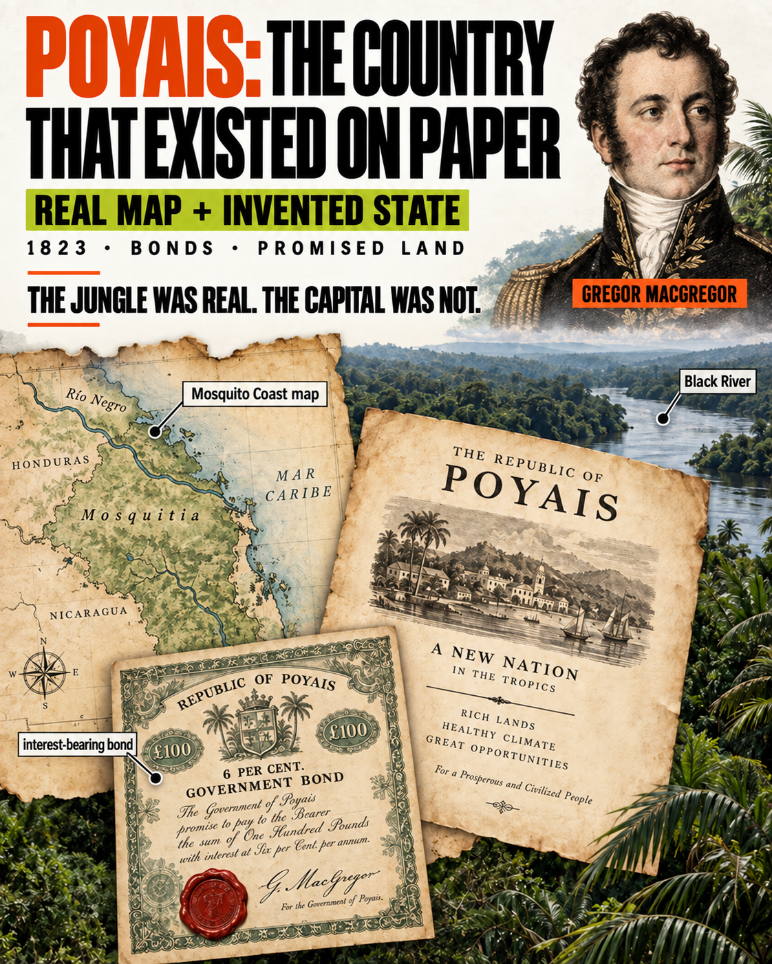 Editorial infographic explaining how Gregor MacGregor used a real map, bonds and an invented state to sell Poyais.