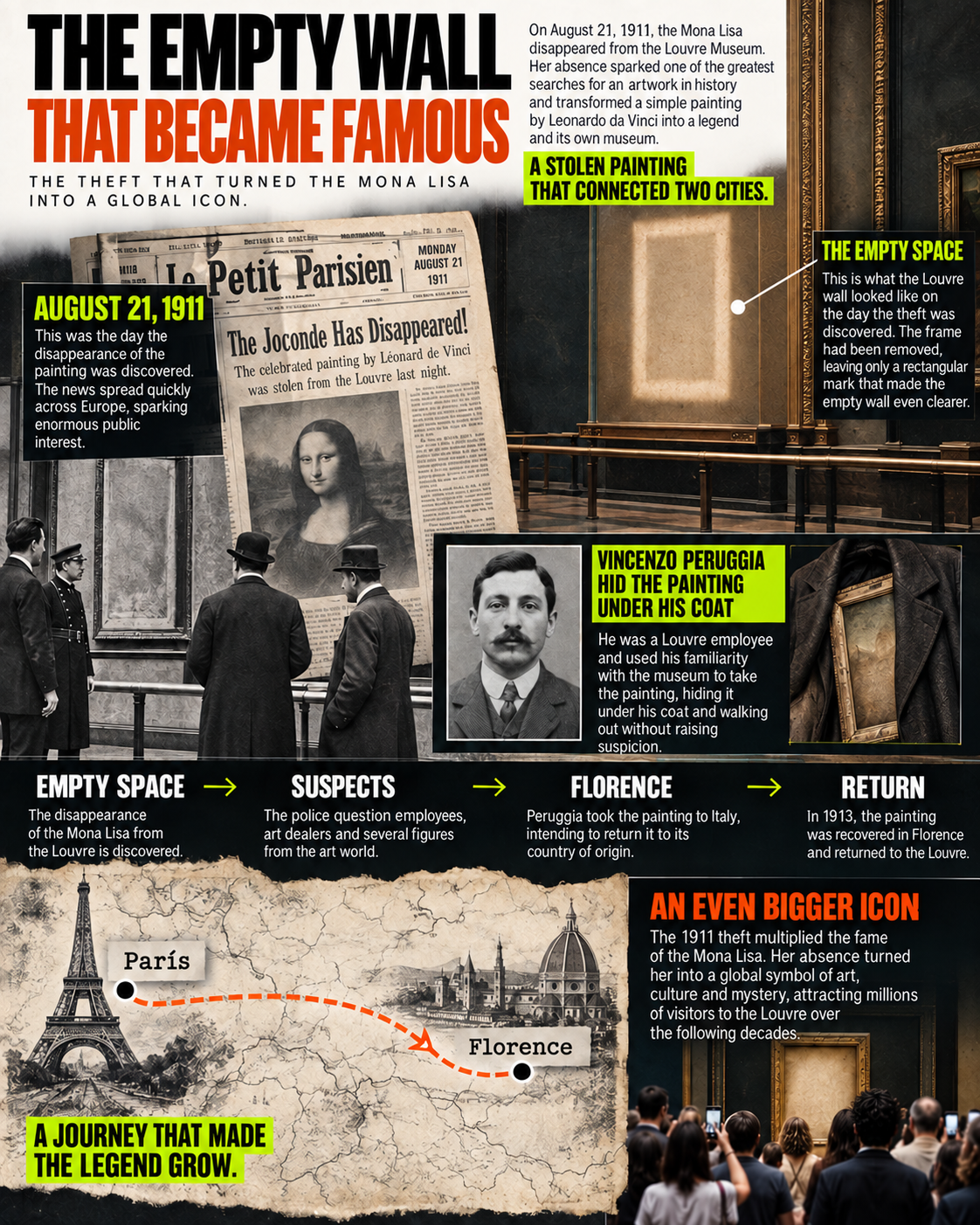 Editorial infographic explaining the 1911 Mona Lisa theft, the empty Louvre wall, Vincenzo Peruggia’s route to Florence and the painting’s return.