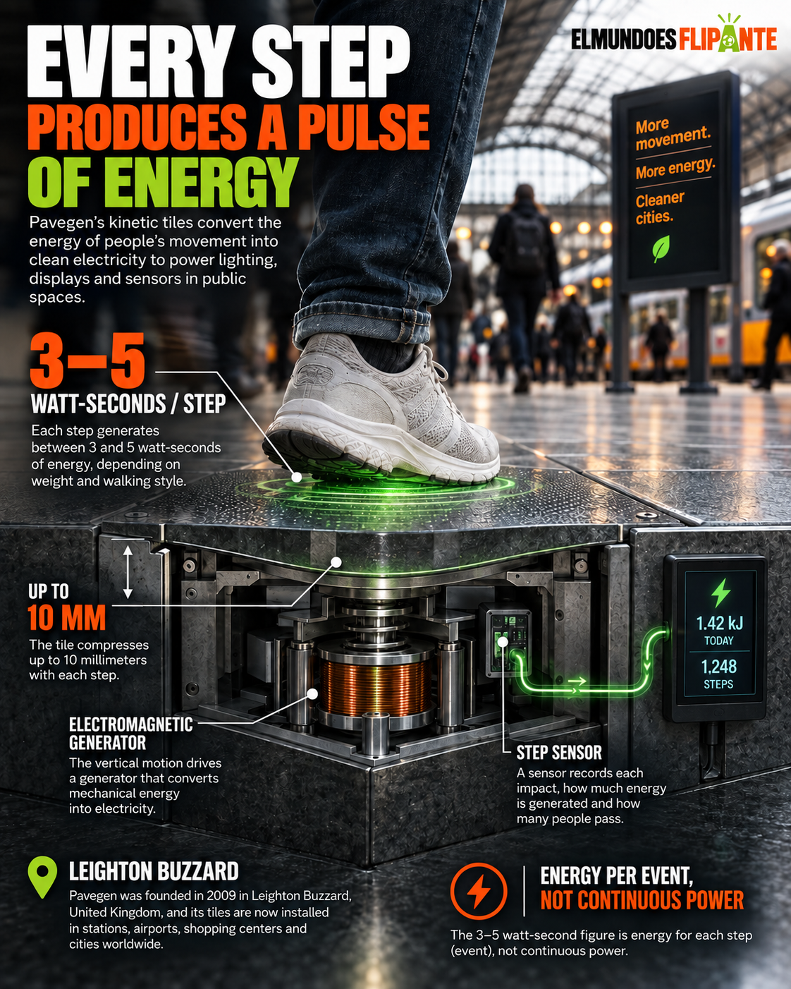 Pavegen tiles under pedestrians’ feet, turning steps into energy and data.