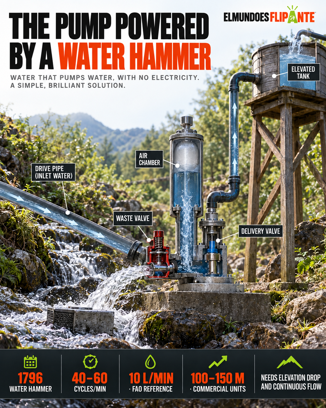 Hydraulic ram pump lifting water through water hammer in a rural installation.