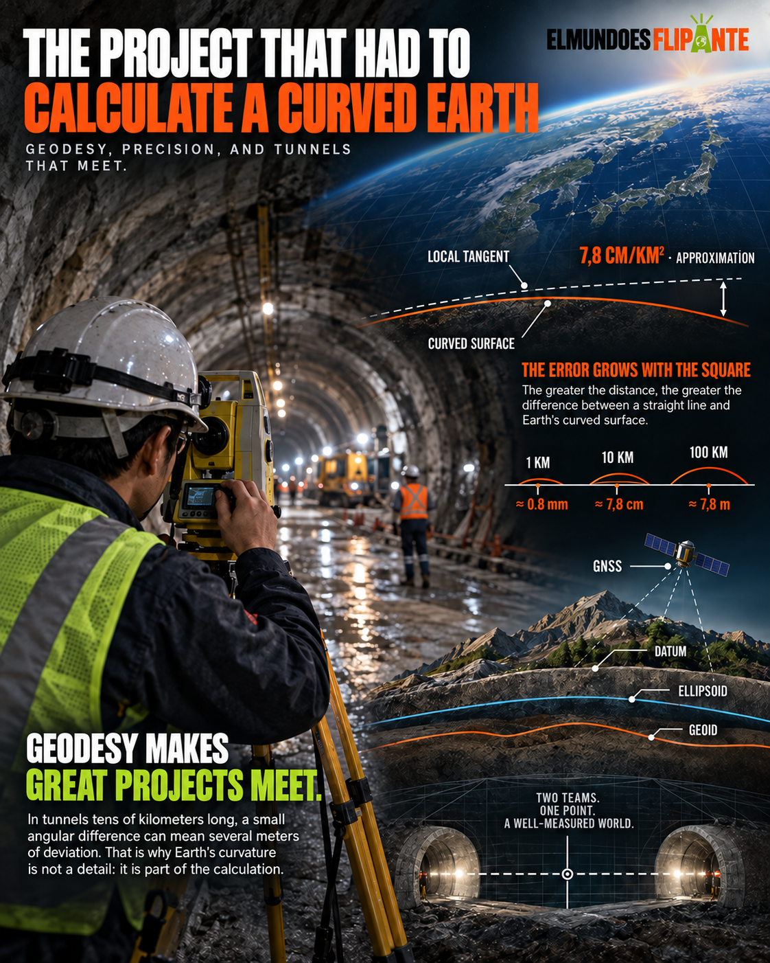 Editorial infographic about geodesy, Earth curvature and control-point networks.