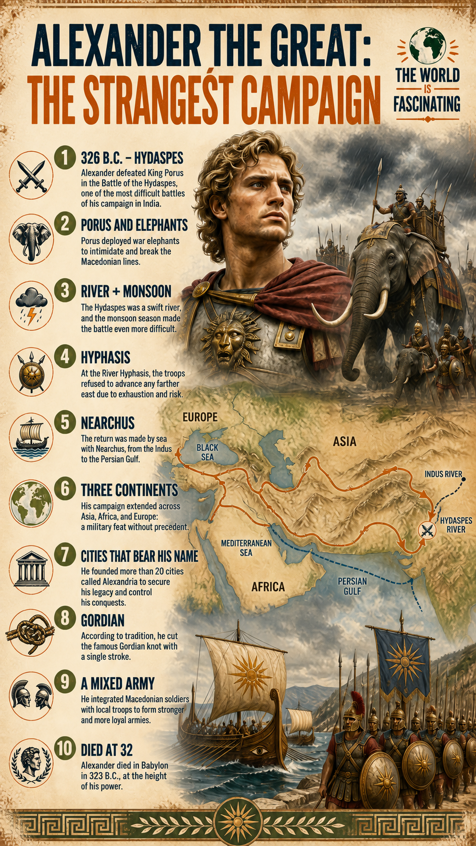 Infographic about Alexander the Great’s Indian campaign, Hydaspes River and the limit reached by his army.