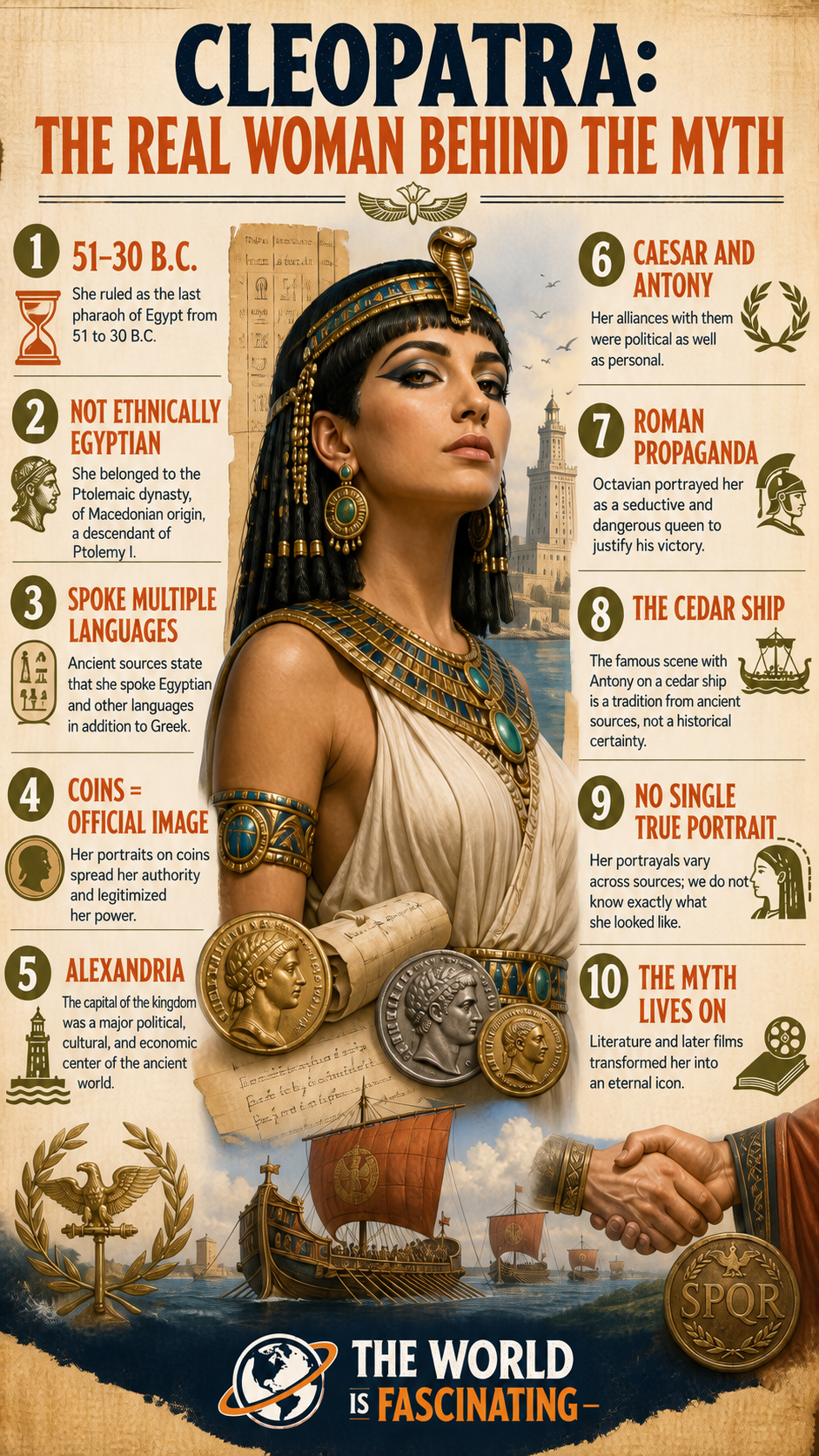Infographic about Cleopatra VII, her political image, alliances and Roman propaganda.