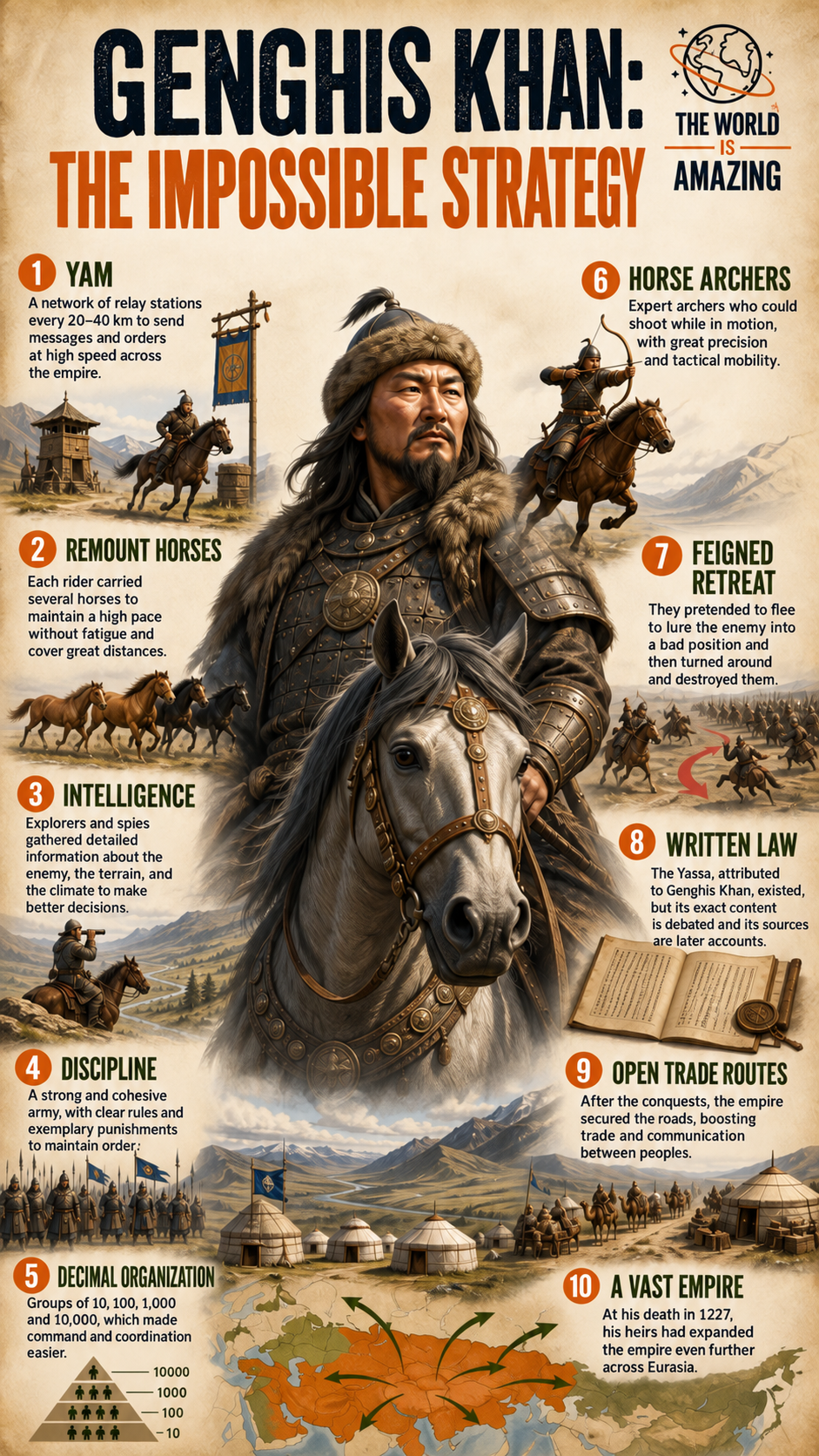 Genghis Khan’s Impossible Strategy 3 Infographic on Genghis Khan’s strategy, horses, yam relay network and military organization.