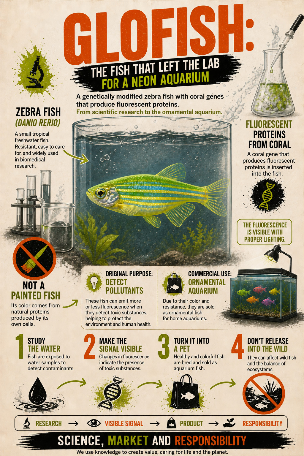 Infographic about the scientific origin and ornamental use of GloFish.