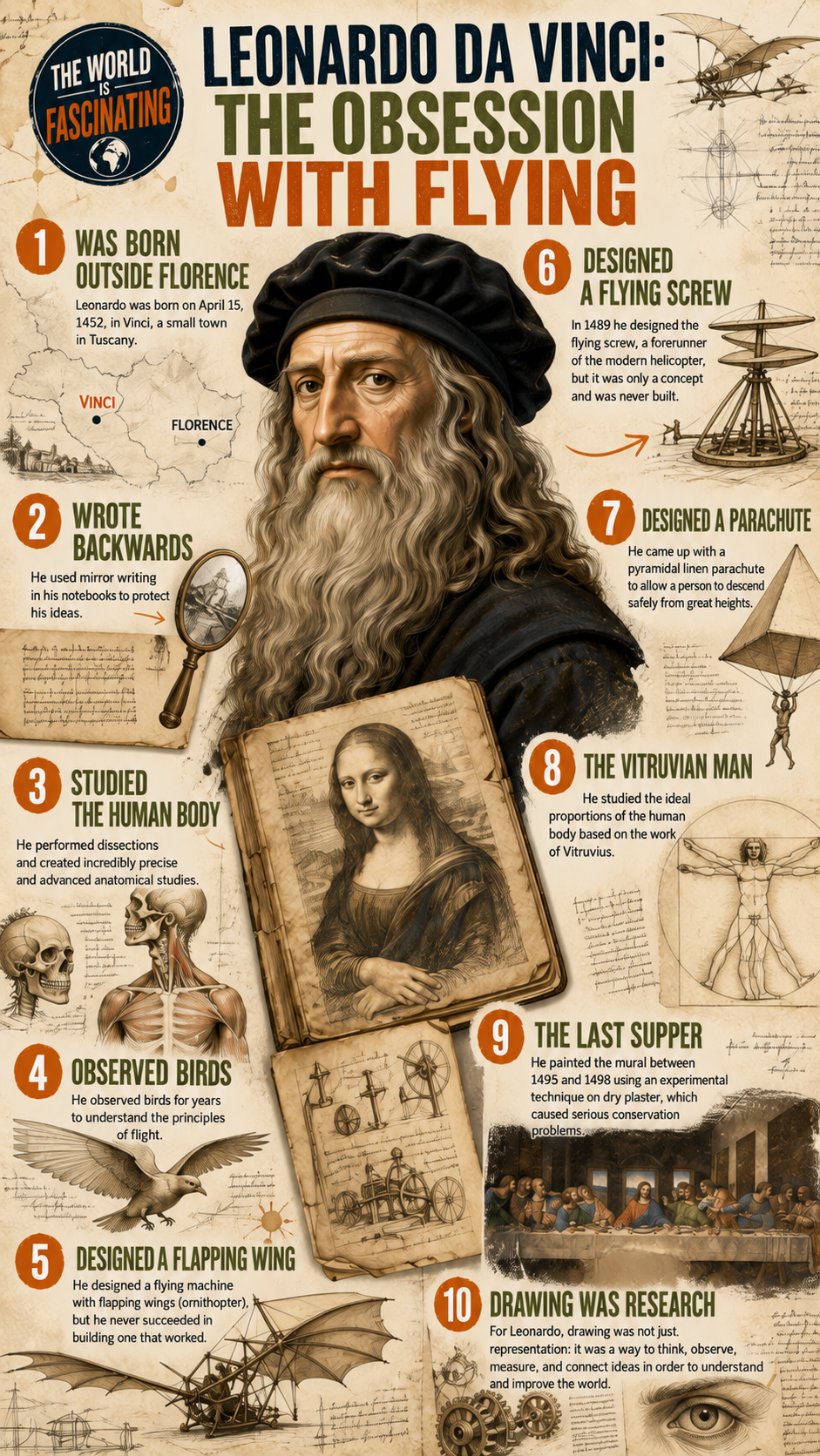 Infographic about Leonardo da Vinci’s flying designs and their physical limits.