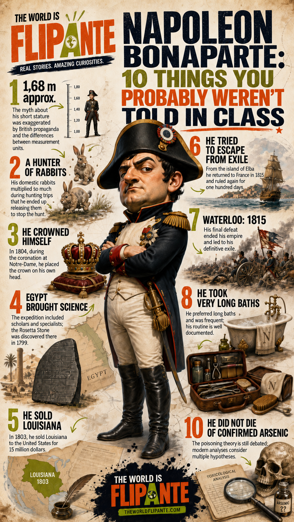 Infographic with ten facts about Napoleon Bonaparte, from his height myth to Saint Helena.