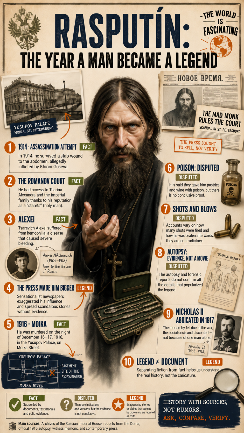 The Year Rasputin Became a Legend 3 Infographic separating the evidence about Rasputin’s death from the legend.