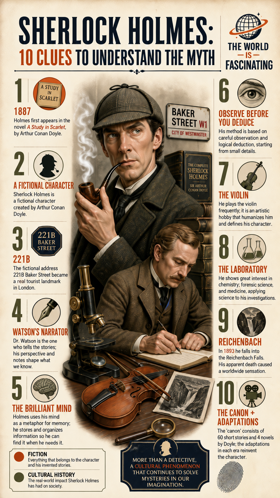 Infographic on Sherlock Holmes, observation, the mental attic and his cultural legacy.