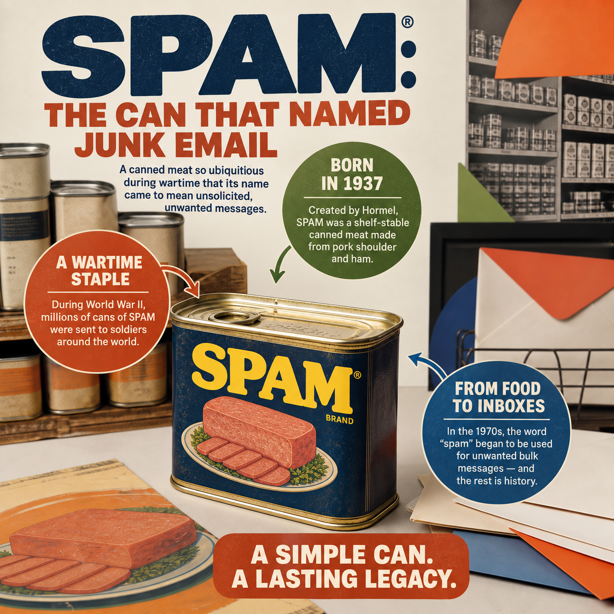 Infographic tracing the path from SPAM canned meat to the idea of junk email.