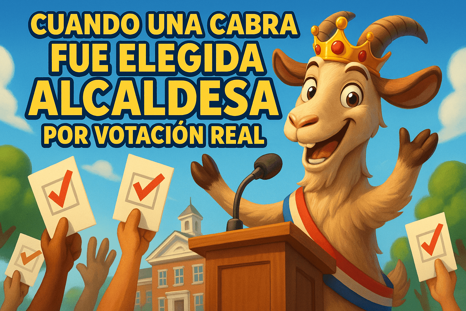 Imagen generada con IA para el artículo Cuando una cabra fue elegida alcaldesa por votación real