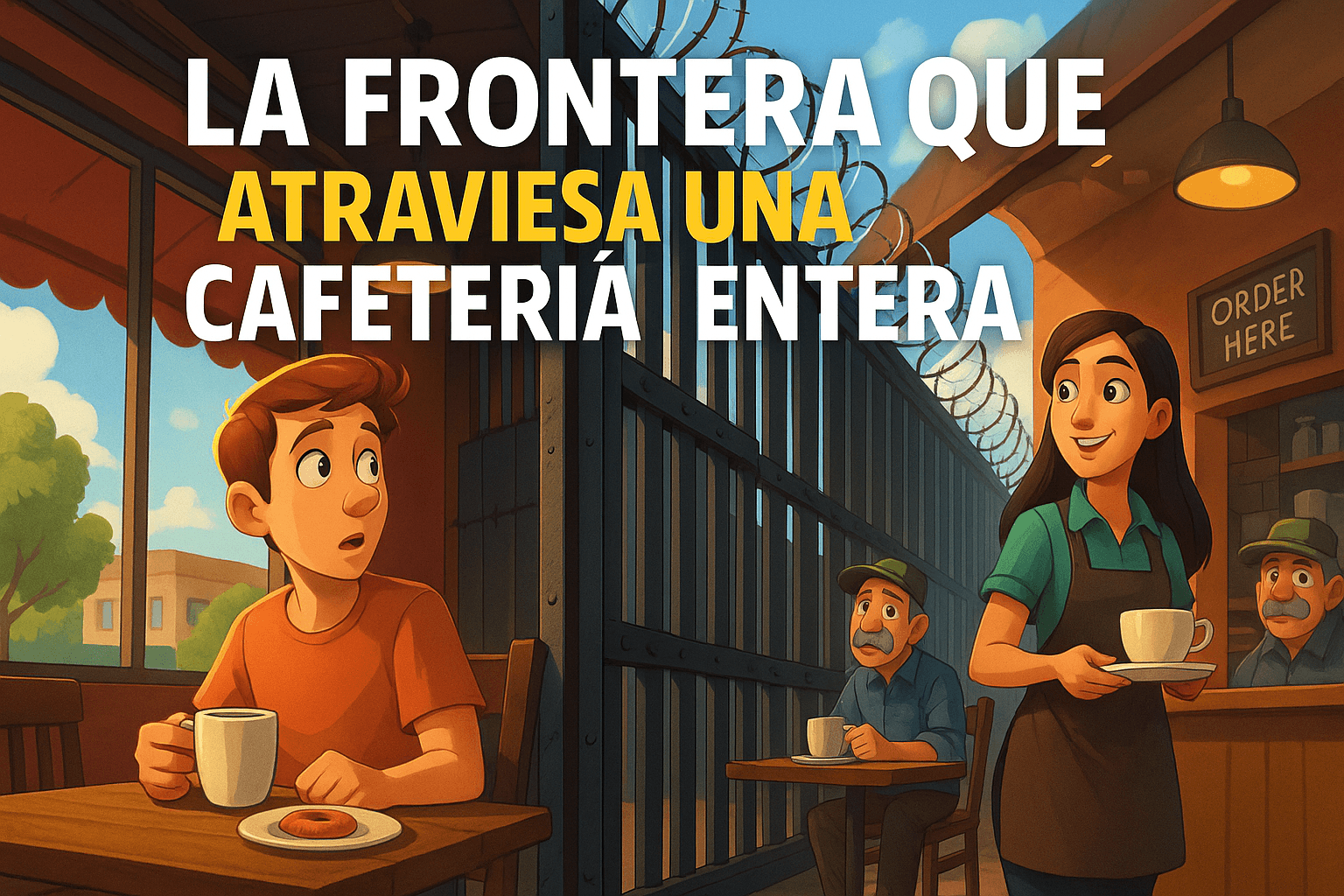 Imagen generada con IA para el artículo La frontera que atraviesa una cafetería entera