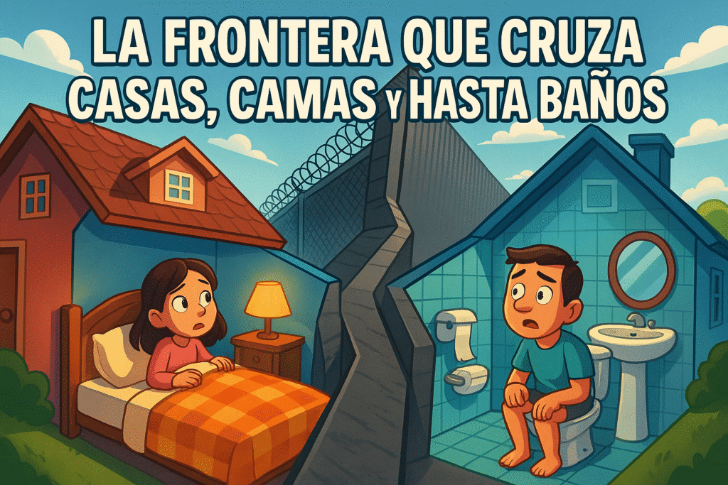 Imagen generada con IA para el artículo La frontera que cruza casas, camas y hasta baños