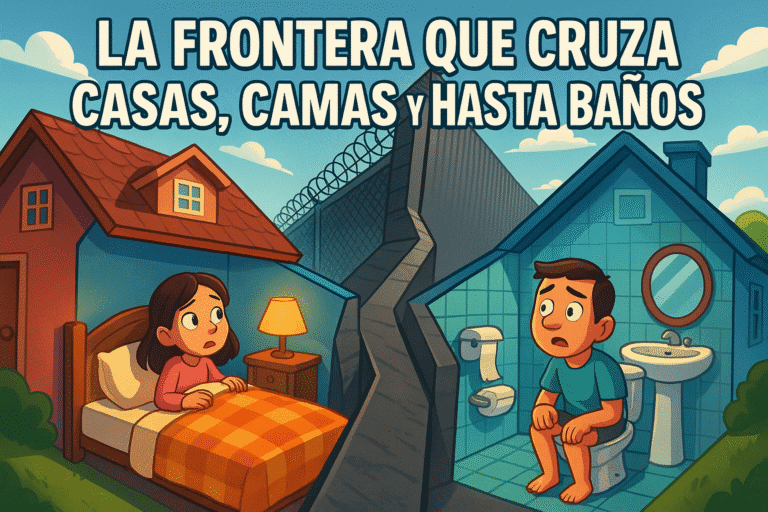 Imagen generada con IA para el artículo La frontera que cruza casas, camas y hasta baños