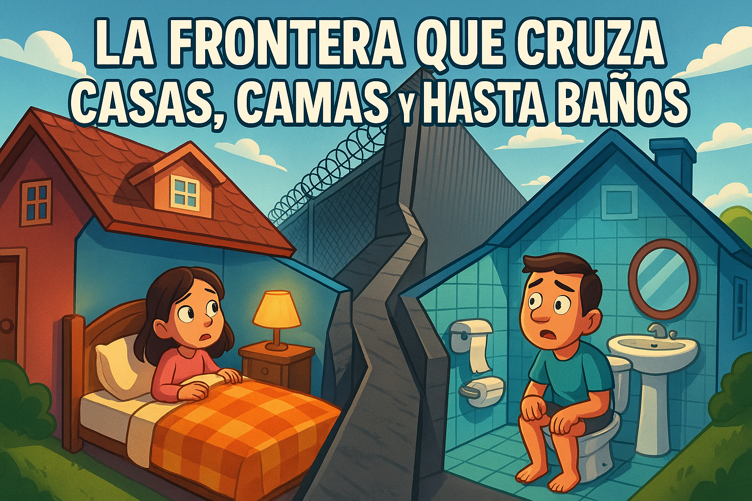 Imagen generada con IA para el artículo La frontera que cruza casas, camas y hasta baños