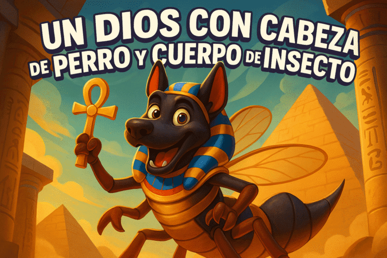 Imagen generada con IA para el artículo Un dios con cabeza de perro y cuerpo de insecto