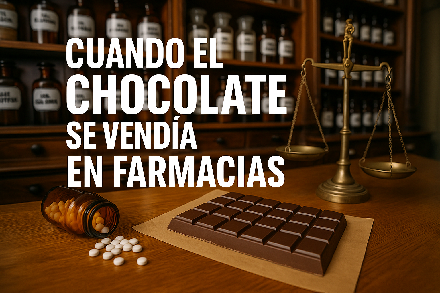 Imagen generada con IA para el artículo Cuando el chocolate se vendía en farmacias