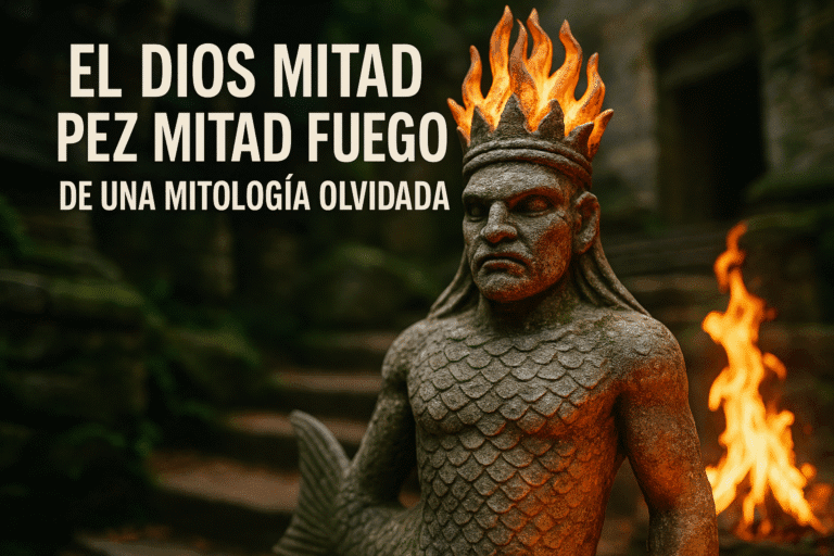 Imagen generada con IA para el artículo El dios mitad pez mitad fuego de una mitología olvidada