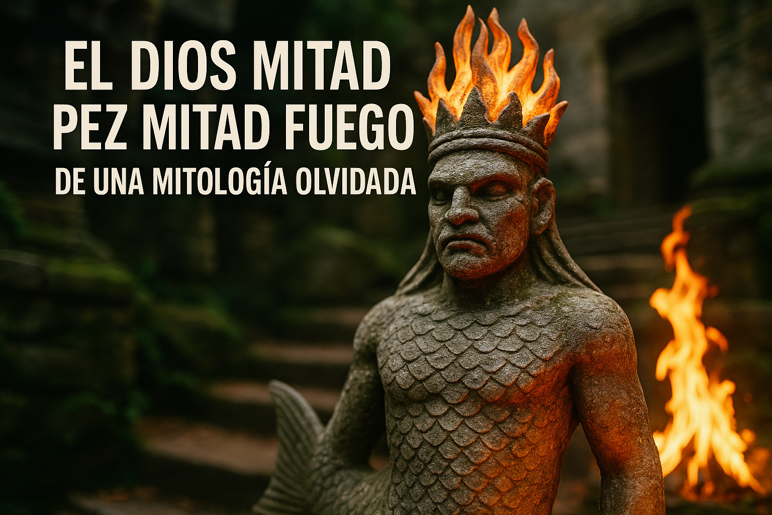 Imagen generada con IA para el artículo El dios mitad pez mitad fuego de una mitología olvidada
