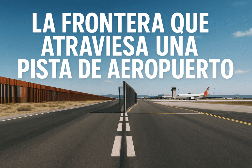 Imagen generada con IA para el artículo La frontera que atraviesa una pista de aeropuerto