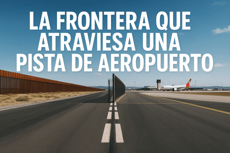 Imagen generada con IA para el artículo La frontera que atraviesa una pista de aeropuerto