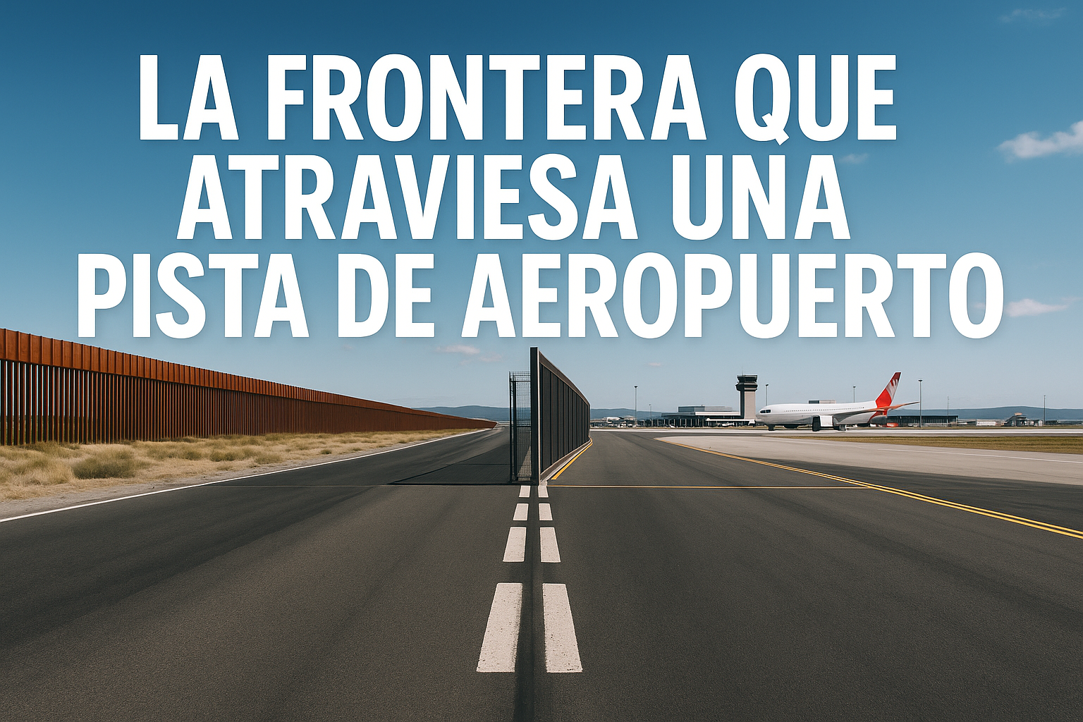 Imagen generada con IA para el artículo La frontera que atraviesa una pista de aeropuerto