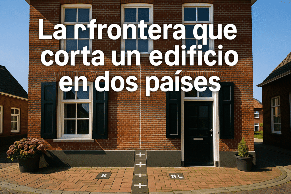 Imagen generada con IA para el artículo La frontera que corta un edificio en dos países