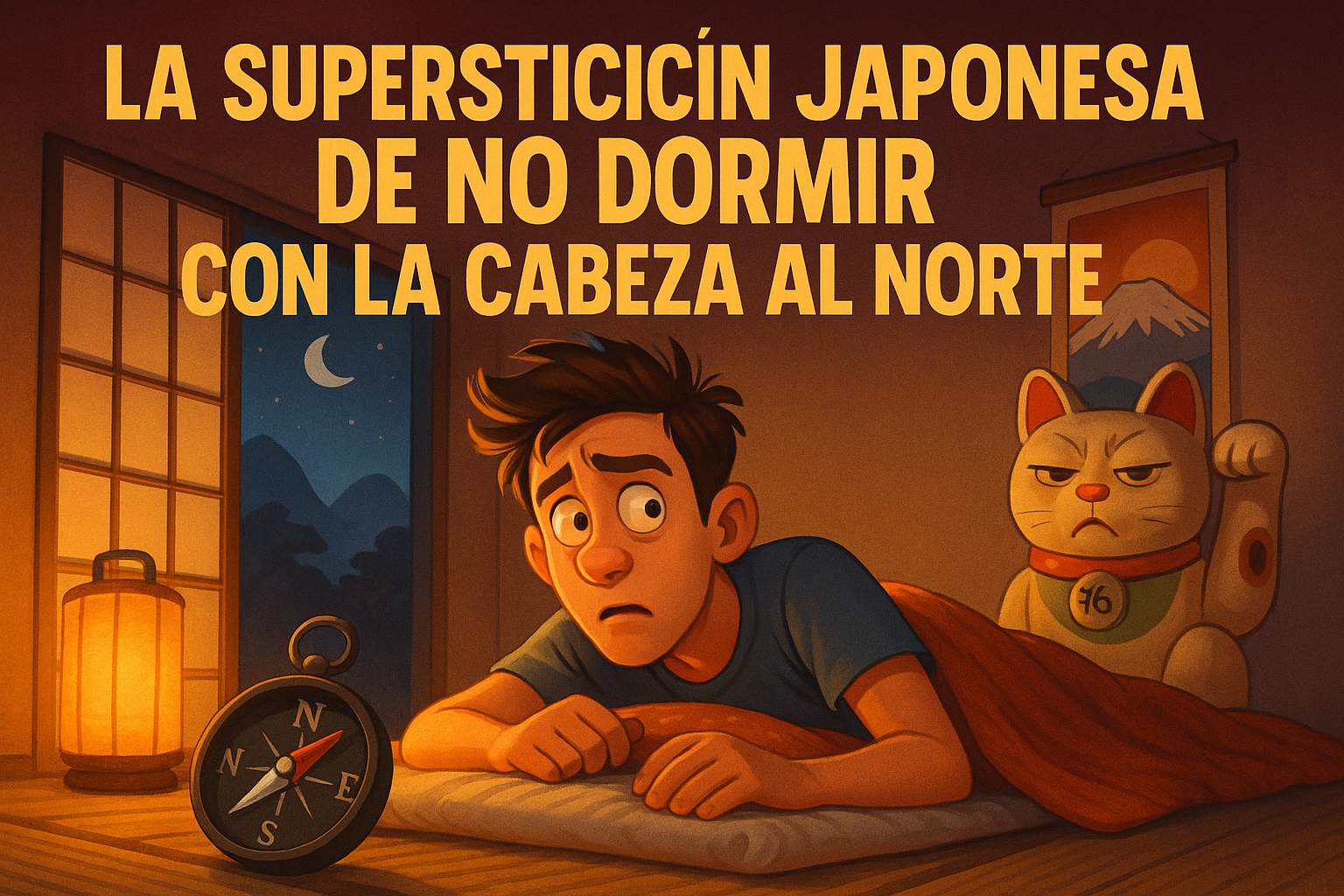 Imagen generada con IA para el artículo La superstición japonesa de no dormir con la cabeza al norte