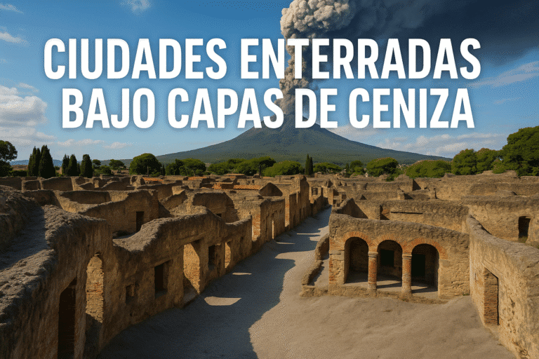 Imagen generada con IA para el artículo Ciudades enterradas bajo capas de ceniza