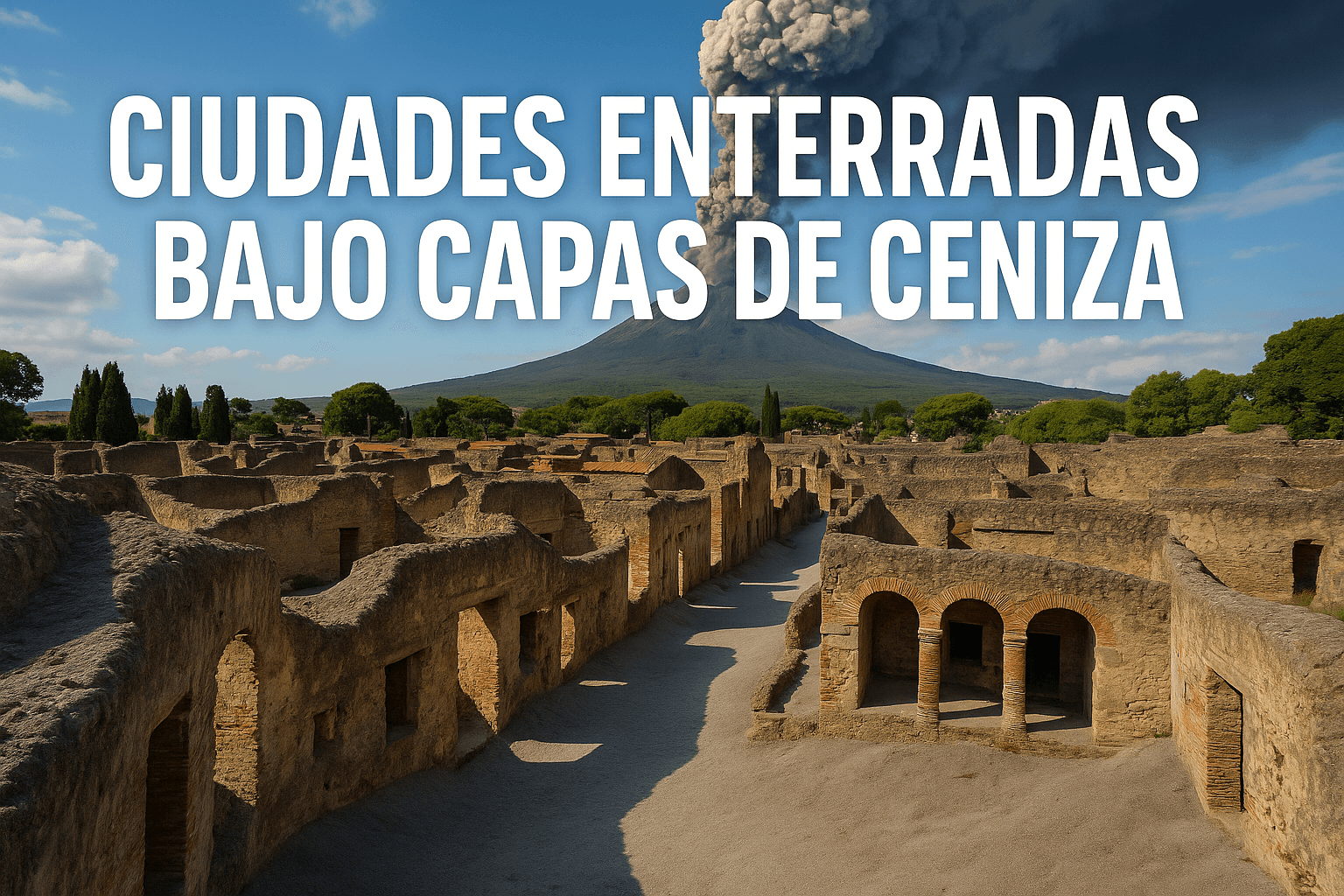 Imagen generada con IA para el artículo Ciudades enterradas bajo capas de ceniza