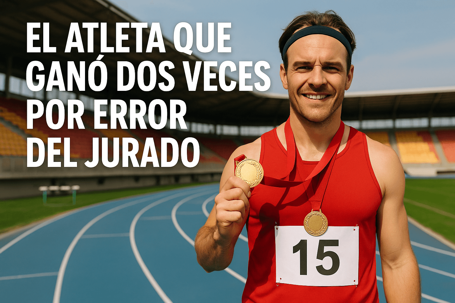 Errores deportivos épicos: medallas duplicadas y récords surrealistas 1 Imagen generada con IA para el artículo El atleta que ganó dos veces por error del jurado