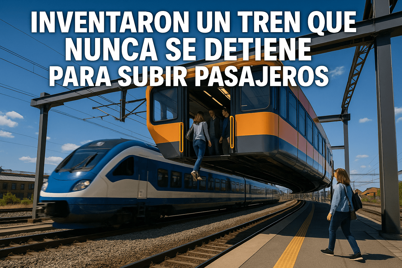 Imagen generada con IA para el artículo Inventaron un tren que nunca se detiene para subir pasajeros