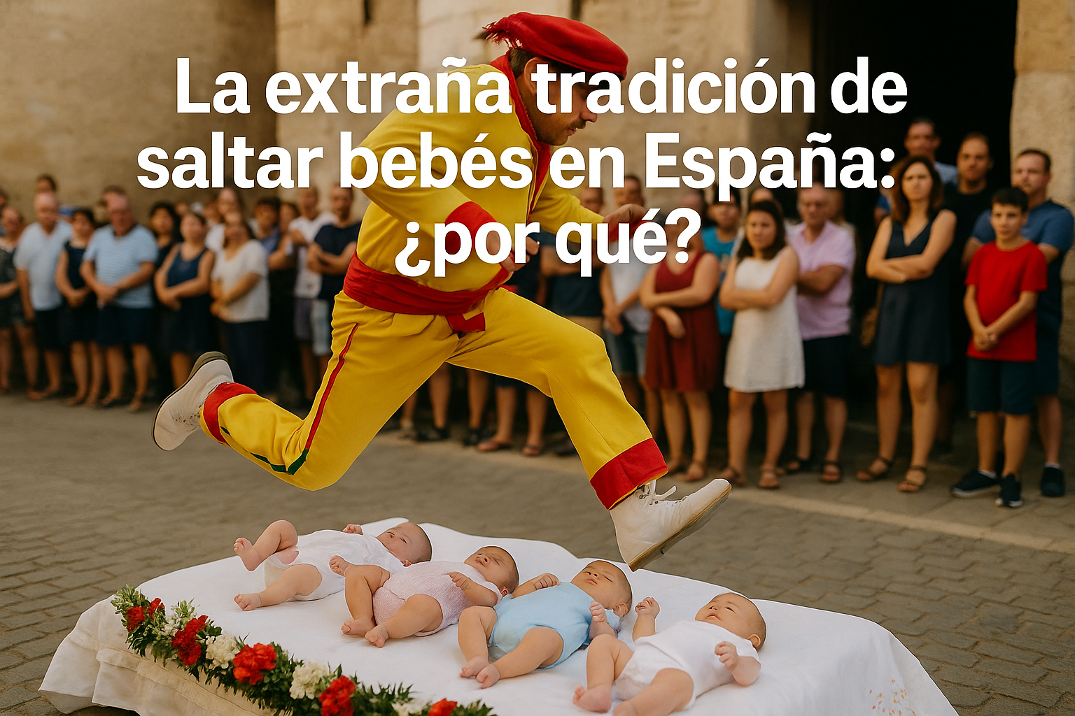 Imagen generada con IA para el artículo La extraña tradición de saltar bebés en España: ¿por qué?