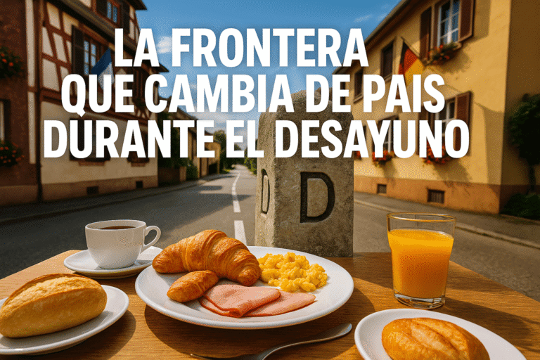 Imagen generada con IA para el artículo La frontera que cambia de país durante el desayuno