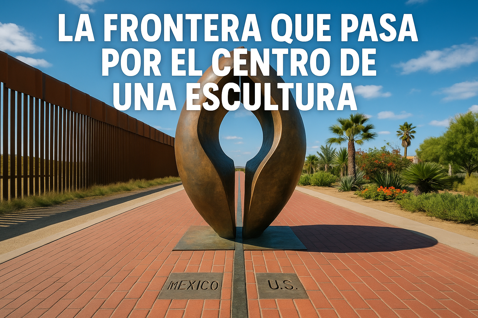 Imagen generada con IA para el artículo La frontera que pasa por el centro de una escultura