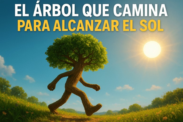 Imagen generada con IA para el artículo El árbol que camina para alcanzar el sol