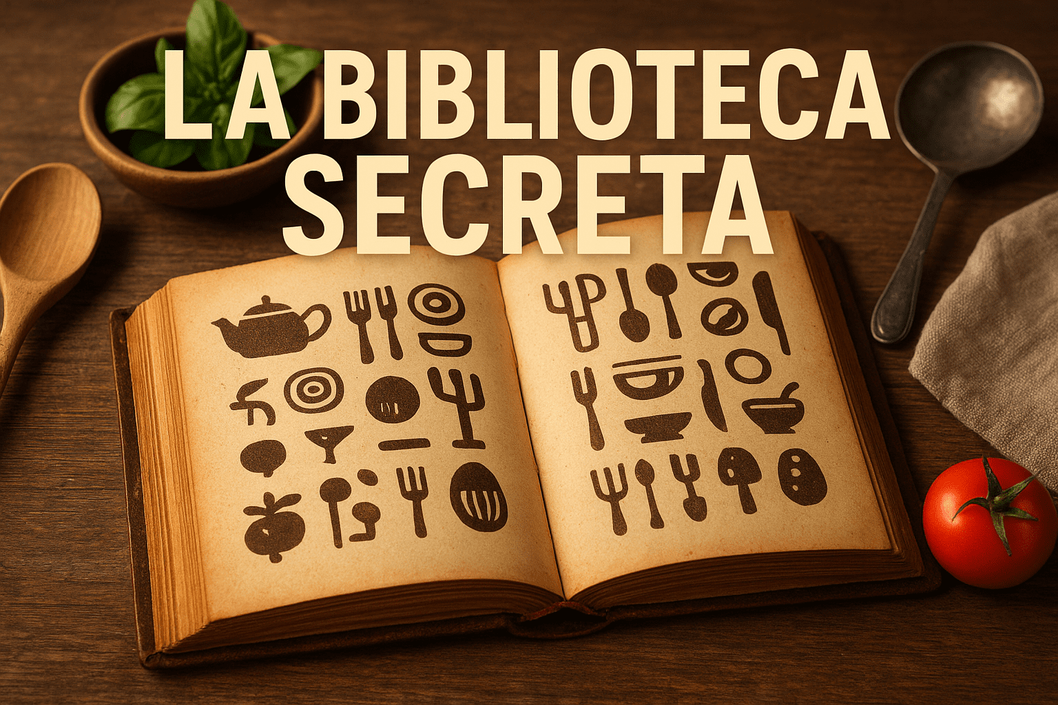 Imagen generada con IA para el artículo La biblioteca secreta escrita con símbolos de cocina