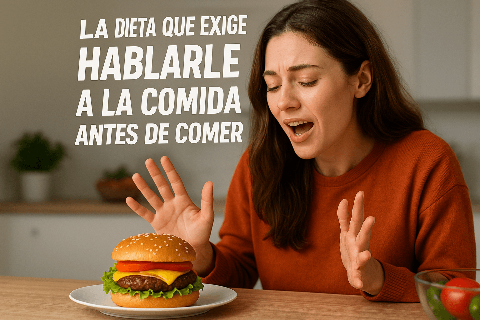 Imagen generada con IA para el artículo La dieta que exige hablarle a la comida antes de comer