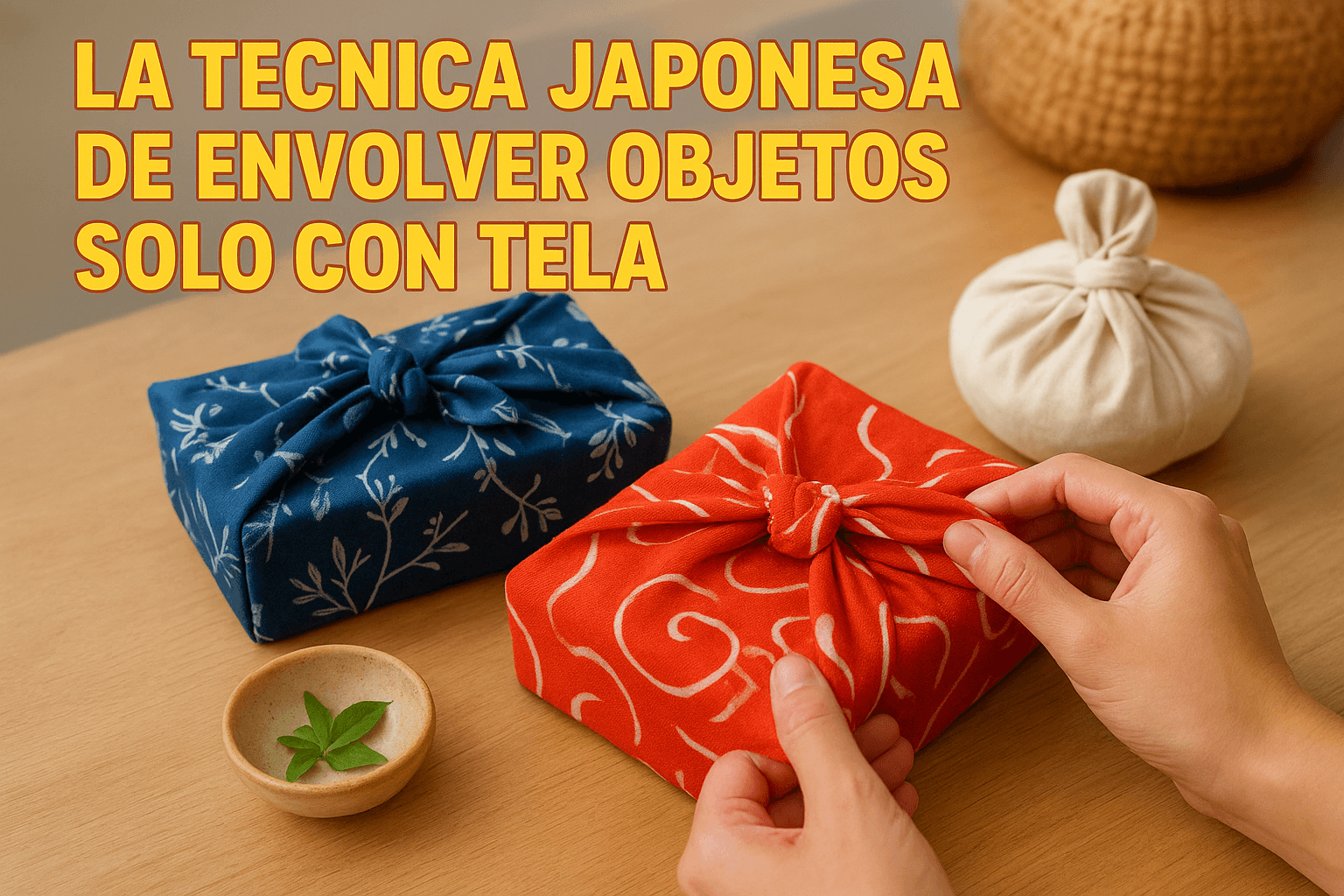 Imagen generada con IA para el artículo La técnica japonesa de envolver objetos solo con tela