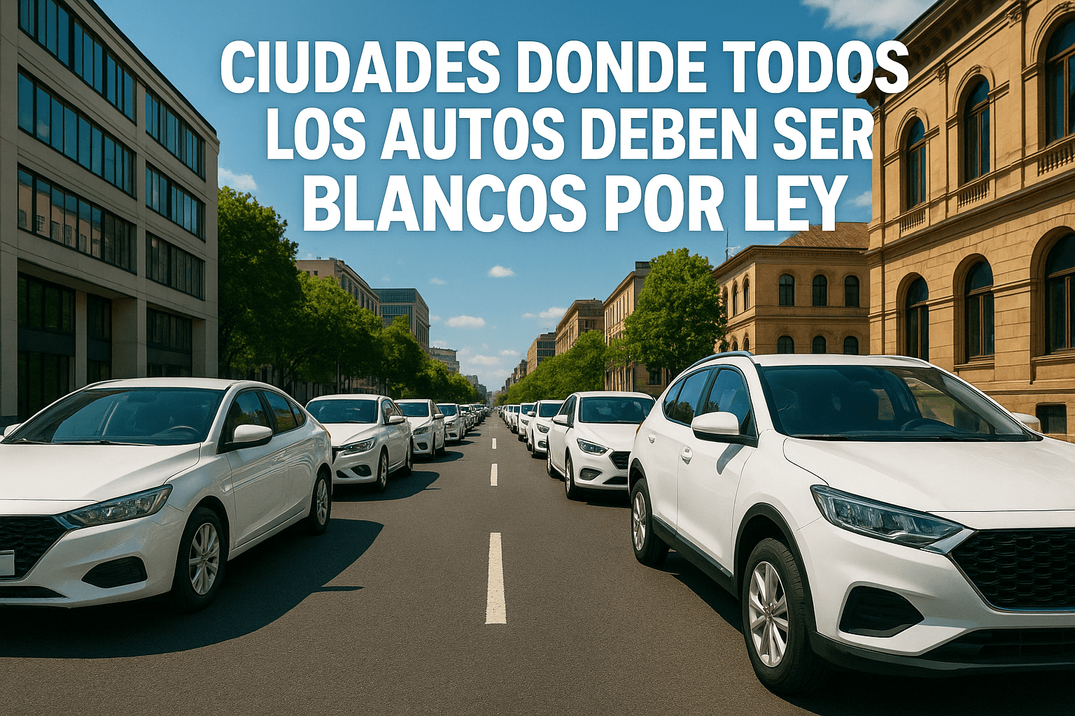 Imagen generada con IA para el artículo Ciudades donde todos los autos deben ser blancos por ley