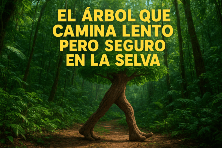 Imagen generada con IA para el artículo El árbol que camina lento pero seguro en la selva