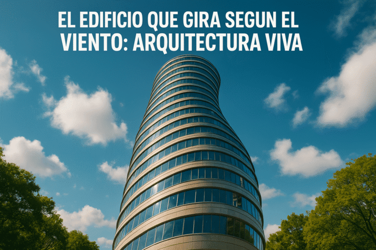 Imagen generada con IA para el artículo El edificio que gira según el viento: arquitectura viva