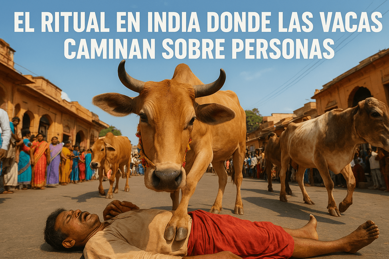 Imagen generada con IA para el artículo El ritual en India donde las vacas caminan sobre personas